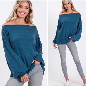 SOLID TEAL OVERSIZED ON/OFF SHOULDER BOAT NECKLINE PULLOVER  TOP